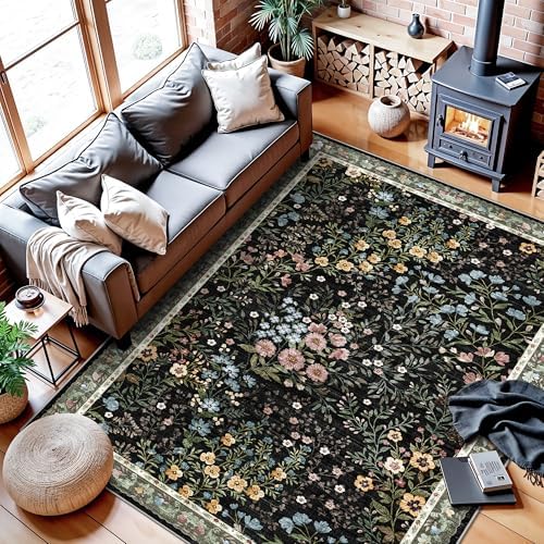 YOUFORTONG 6x9 Dining Room Area Rug: Washable Mat for Living Room Bedroom Office High Traffic Area - Soft Non Slip Indoor Carpet for Vintage Farmhouse Home Decor (6x9, Black)
