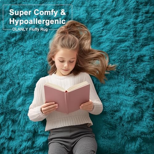 OLANLY 8x10 Machine Washable Large Area Rugs for Living Room, Bedroom, Soft Fluffy Shaggy Bedside Rug, Indoor Floor Carpet for Kids Girls and Boys, Dorms, Nursery, Home Decor Aesthetic, Teal