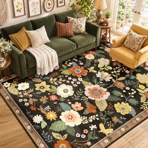 RELEANY Floral Washable 6x9 Area Rugs Black/Yellow