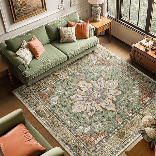 RELEANY Washable Area Rug, Square 8'x8', Brick/Brown/Green