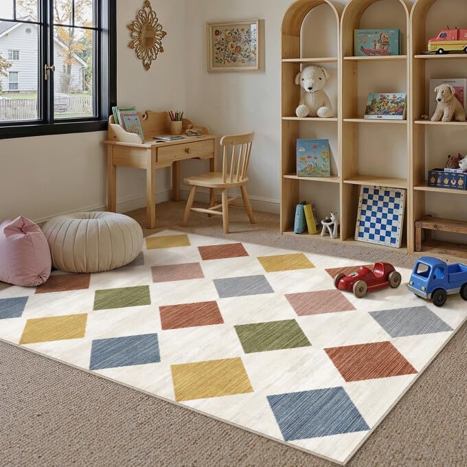 PureCozy 4x6 Washable Area Rug Kids Room Colorful Non Slip Checkered Carpet