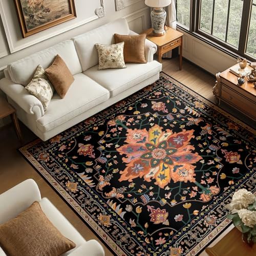 RELEANY Washable Area Rug, Square 6'x6', Black/Colorful