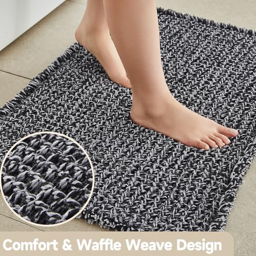 TYUU Waffle Bath Mat, Boho Bathroom Rugs Non Slip, 30x20 Black & White