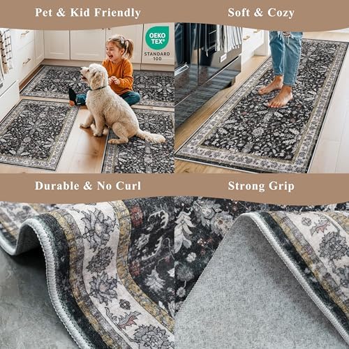 2x3 Rug Non-Slip Washable for Kitchen – Boho Small Throw Rug for Sink & Entryway, Soft Low Pile Thin Indoor Mat for Pet Area & Bathroom (Black, 2x3)