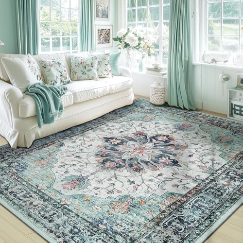 RELEANY Washable Area Rug, 6'x9', Teal Green/White/Navy