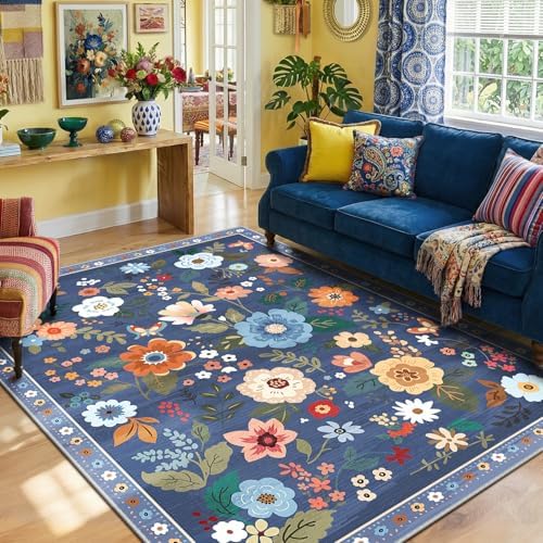 RELEANY Floral 5x7 Area Rug Machine Washable Soft Print Boho Carpet Non Slip Doormat Low Pile Flower Area Rugs for Living Room Bedroom Nursery Kitchen Dining Room Indoor-Blue/Grey
