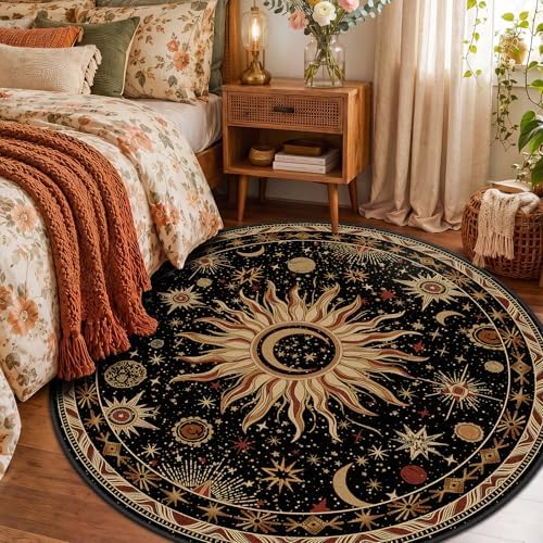 Vacuum-Friendly, Round 4ft Washable Area Rug, Black Gold Beige Red
