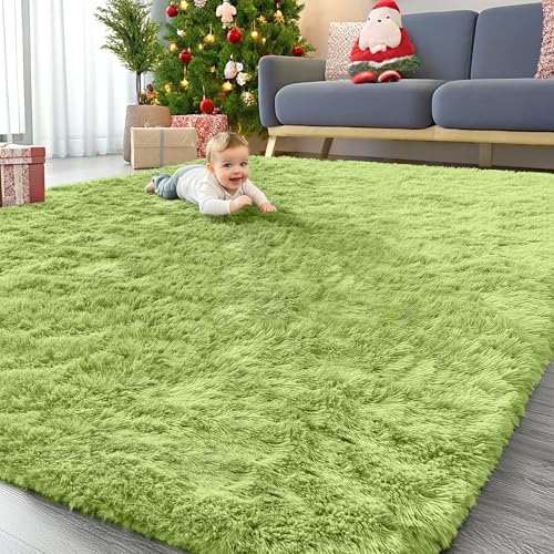 OLANLY 9x12 Machine Washable Large Area Rugs for Living Room, Bedroom, Soft Fluffy Shaggy Bedside Rug, Indoor Floor Carpet for Kids Girls and Boys, Dorms, Nursery, Home Decor Aesthetic, Grass Green