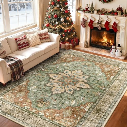 RELEANY Washable Area Rug, 6'x8', Brick/Brown/Green