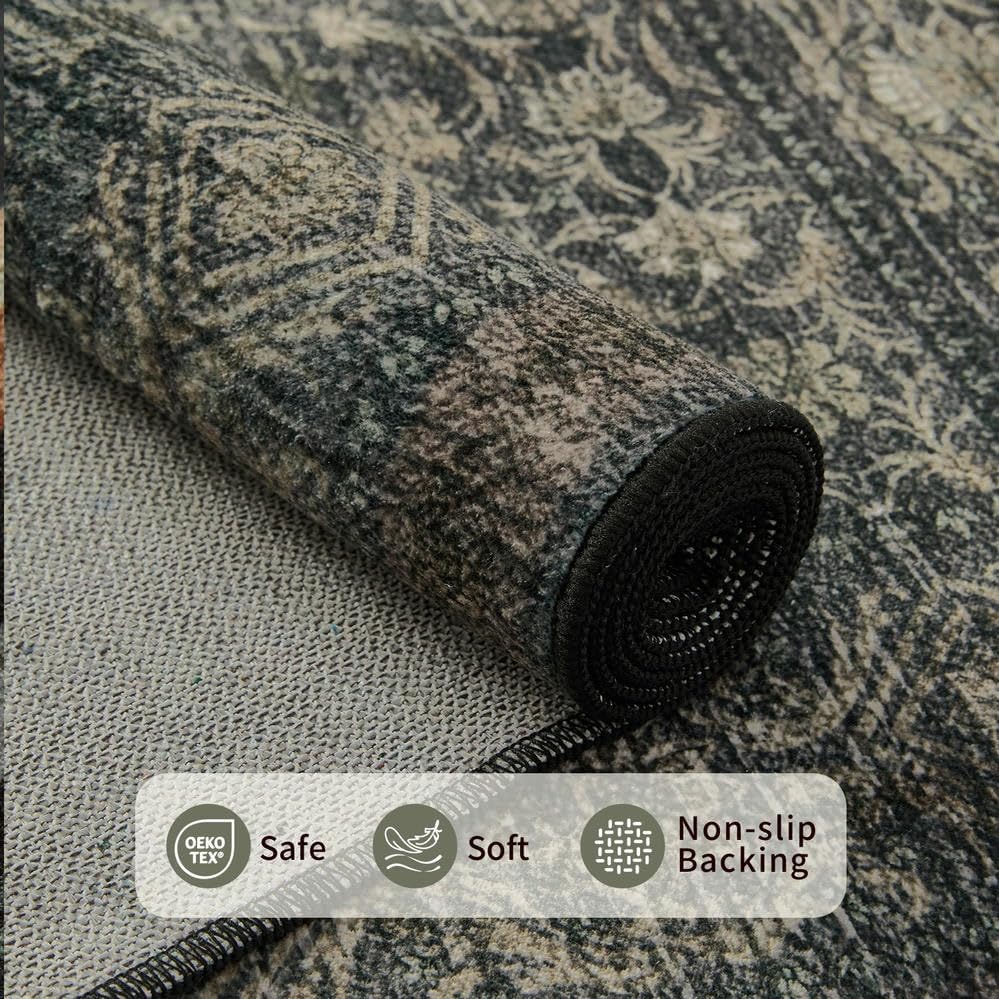 Rugxara Washable Area Rug for Living Room, Vintage Boho Rugs for Office, Dining Room, Kids Room, Farmhouse, Durable Low Pile Non Slip Carpet for High Traffic Areas, Moss Brown(4x6 ft)